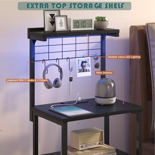 sthmec Bedside Tables Tall Nightstands with Charging Station, LED Bedside Table for Bedroom - 3 PU Fabric Drawers, Hooks, Black - color: Black, style: 3 Darwers