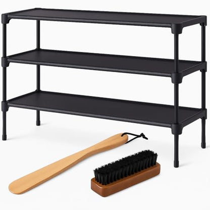 Shoe Rack Organizer with Shoe Brush and Shoe Horn, Black, 3-Tier, Metal Frame Storage Shelf for Entryway