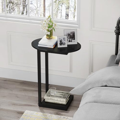 Hosfais Small Side Table End Table, C-Shaped Couch Tables | Wood Coffee Table TV Tray for Small Space, Bedroom Living Room (Black) - color: Black, size: Oval
