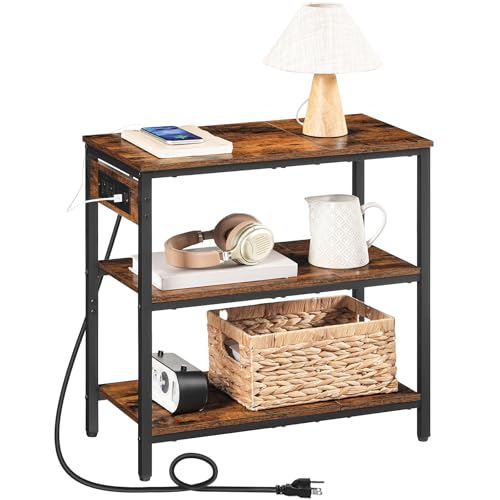 HOOBRO End Table with Charging Station, Side Table with 3 Tier Storage Shelf, Narrow Nightstand for Small Spaces, for Living Room, Bedroom, Easy Assembly, Rustic Brown and Black BF149UBZ01 - color: Rustic Brown + Black