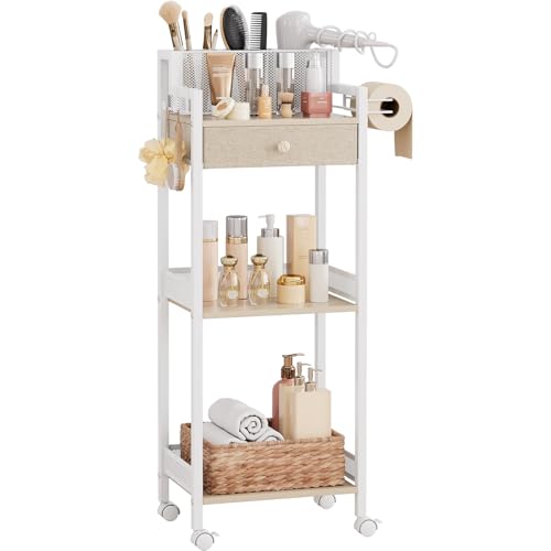 3 Tier Bathroom Organizer Shelf with Drawer, Rolling Makeup Cart | Large Make up Organizers, Cosmetics Display Cases for Hair Tool, Skincare, Kitchen, Bedroom, Laundry Room, Dorm, 12.8in - color: 12.8“ White With Drawer