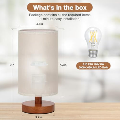Fenmzee Small Table Lamp for Bedroom - Inline Control, Bedside Lamp with 3000K A15 LED Blub, Easy Assembly (Beige Shade - Walnut Base, 9" Inline Control) - color: Beige Shade - Walnut Base