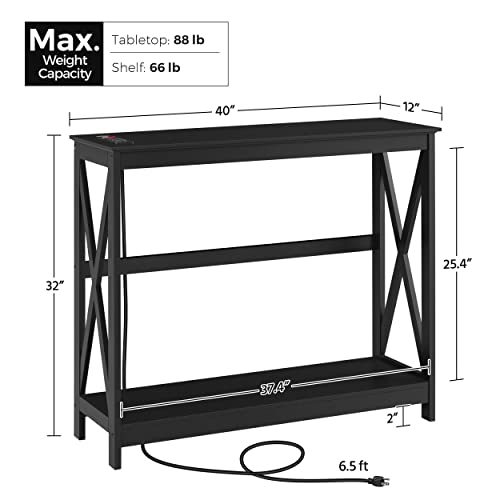 Yaheetech 40" Console Table with Power Outlets and USB Ports, Wood Entryway Table with Charging Station & Storage Shelf, Narrow 2-Tier Sofa Table for Living Room Hallway Foyer, Black - color: Black