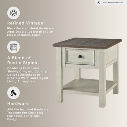 Signature Design by Ashley Bolanburg End Table for Living Room, Two-Tone Distressed Wood Side Table with Smooth-Gliding Drawer, Farmhouse Plank-Style Top, Ideal Night Stand Use, Antique White/Oak - color: Whitewash