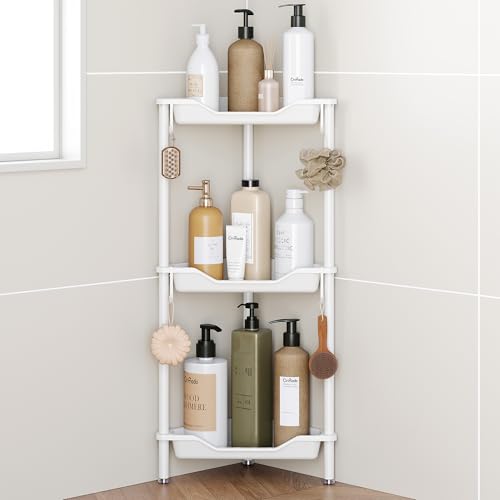 Orimade Rustproof 3 Tier Floor Standing Corner Shower Caddy Organizer, Plastic Aluminium Splicing Floor Corner Shelf Rack Stands for Bathroom, White - color: White, size: 3 Tier