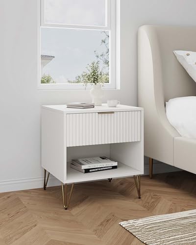 BROVAVE Sturdy Metal Legs Bedside Stand, Nightstand with Textured Drawer, Accent Table for Bedroom for Indoor use, White - color: White
