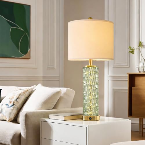 Oneach 27.75" Modern Table Lamps Set of 2, Green Bedside Lamp with Glass Nightlight, USB A+C, Unique Desk Lamps for Living Room, Bedroom, Nightstand, End Table (2 Bulbs Included) - color: Green - White Shade