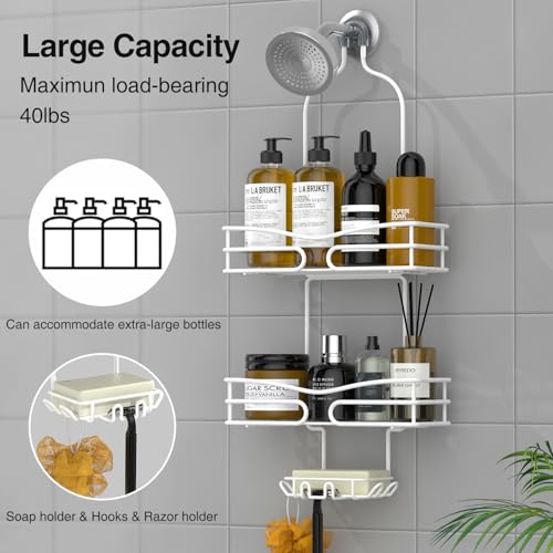 DAOYA Over Head Shower Caddy - Bathroom Shower Organizer with Soap Holder & 6 Hooks for Towels, White, 76L Capacity, Hanging Mount, Rust Resistant - color: White