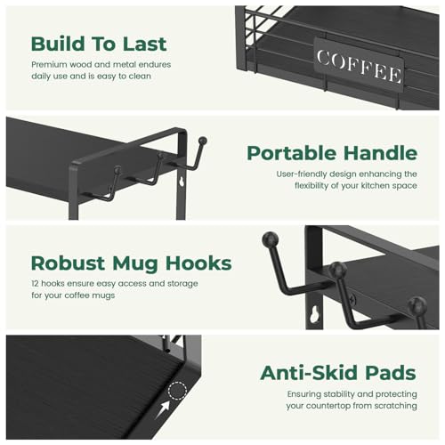 EsLuker.ly Coffee Mug Cup Holder Tree Bar Station Organizer, 2 Tier Mug Stand Rack for Countertop Kitchen, Storage Tower Display Shelf with 12 Hooks, Coffee Nook Enhancer, Black - color: Black + Black