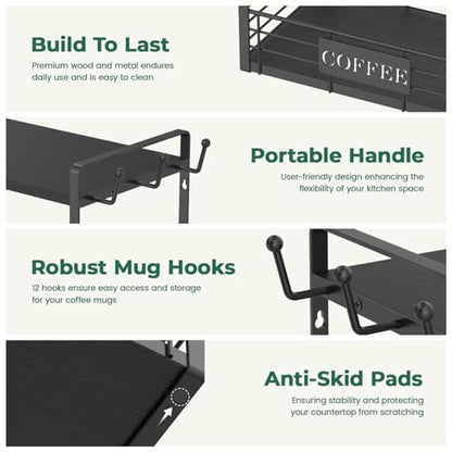 EsLuker.ly Coffee Mug Cup Holder Tree Bar Station Organizer, 2 Tier Mug Stand Rack for Countertop Kitchen, Storage Tower Display Shelf with 12 Hooks, Coffee Nook Enhancer, Black - color: Black + Black