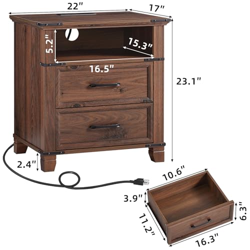 22" Farmhouse Nightstand Set of 2 with Charging Station,End Table with 2 Drawers,Rustic Wood Dresser for Bedroom,Bed Side Table Chest of Drawers Cabinet,Night Stand for Living Room,Brown - color: Brown