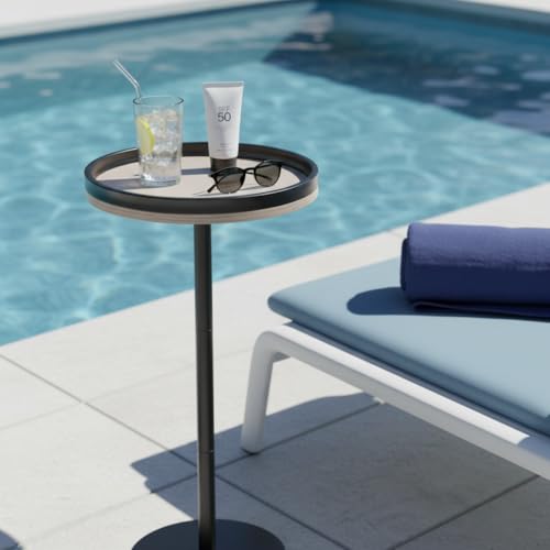 Oak Finish Martini Table, Small Round Drink Table, Modern Farmhouse Side Table with Tray Top, Metal Weighted Base End Table for Living Room,Small Spaces,Next to Sofa, 24.7" Tall - color: Oak