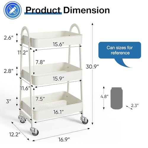 DUMOS 3 Tiers Metal Rolling Utility Cart with Lockable Wheels, Mobile Storage Organizer, Utility Shelving Unit for Kitchen, Office, Bathroom, Laundry, Narrow Places, White - color: 3 Tiers White