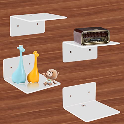 4 Pack Small Acrylic Floating Shelves, 4'' Acrylic Wall Shelves Display Ledges for Storage & Decoration, Mini Shelves for Wall with 2 Types of Installation (Adhesive or Screw) - color: White
