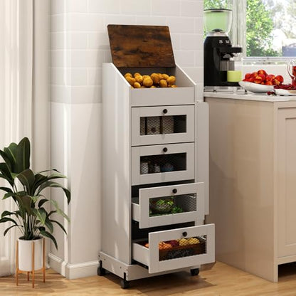 ARTETHYS Potato Storage Bin 5-Tier Rolling White Bread Box with Side Rack | Onion Keeper with Spice Rack on Wheels, Movable Fruit & Vegetable Container with 4 Ventilated Drawers for Kitchen - color: White