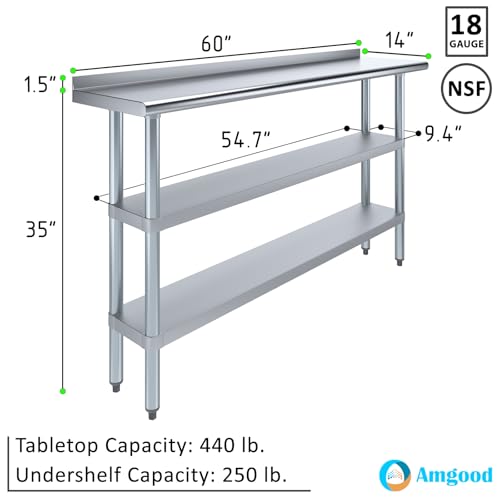 AmGood Stainless Steel Work Table with 1.5" Backsplash and 2 Shelves | Metal Kitchen Food Prep Table | NSF (60" Long x 14" Deep) - size: 60" Long x 14" Deep