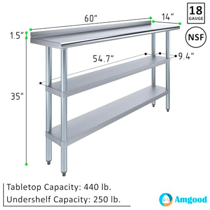 AmGood Stainless Steel Work Table with 1.5" Backsplash and 2 Shelves | Metal Kitchen Food Prep Table | NSF (60" Long x 14" Deep) - size: 60" Long x 14" Deep