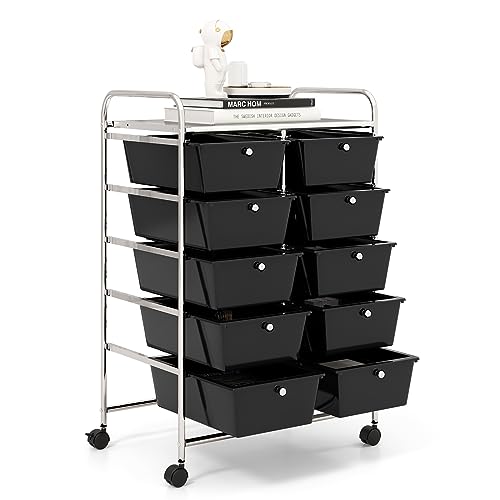 GOFLAME 10-Drawer Rolling Storage Cart, Art Craft Storage Organizer on Wheels, Multipurpose Movable Utility Cart for School, Office and Home, Black - color: Black, size: 10 drawer-26"x14.5"x34"