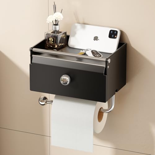 Voldra Toilet Paper Holder with Shelf, Flushable Wipes Dispenser for Bathroom, Adhesive Toilet Paper Roll Holder with Storage Wall Mount Stick On Bathroom Tissue Holder Front Flip Design (Matte Black) - color: Black, size: Wipes Box