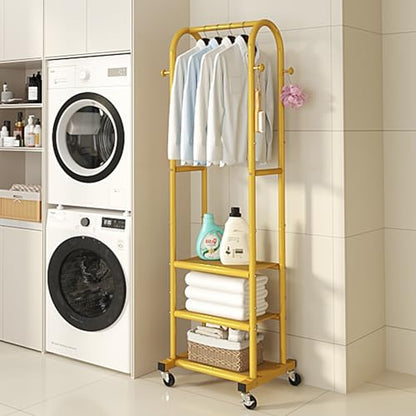 Dttwacoyh Clothing Rack with Wheels,Narrow Metal Garment Rack,Gold | Easy to install, 71.8 Inches Display Rack with 4 Side Hooks & 3 Shelves,for Small Flats, Bedroom, Entryway,Gold Clothes Rack - color: Gold