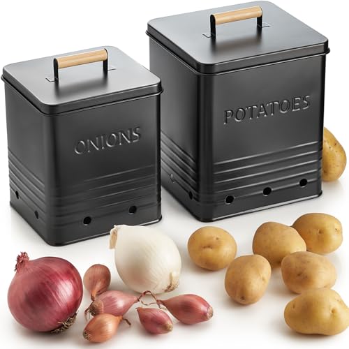 ZICOTO Beautiful Potato and Onion Storage Container Set, 10.1" & 8.9" - Perfectly Sized Spacious Canisters For Your Kitchen Counter Or Pantry - Food Safe Metal Bins Keep Produce Fresh Longer - color: Black