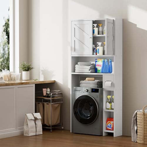 Bathroom Storage Cabinet Over Toilet with Toilet Paper Holder Stand, Freestanding Bathroom Storage Organizer Cabinet Space Saver W/Adjustable Shelf, White - color: White