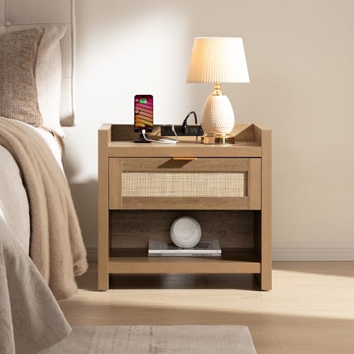 SICOTAS Rattan Night Stand Bedside Table with Large Drawer & Open Shelf | Farmhouse Boho Nightstand with Type-C Charging Station, Storage, End Table Side Table for Bedroom, Small Space - color: Reclaimed Caramel Oak, size: 1 Piece