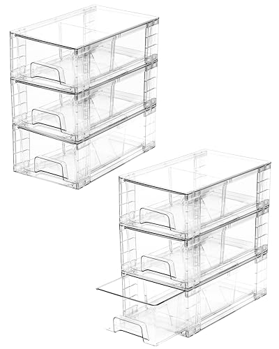 6 Pack Stackable Storage Drawers,Plastic Organizers Bins, Drawers Storage with Handles and Movable Dividers for Organization and Storage in Fridge,Bathroom, Pantry, Kitchen Cabinets, Under Sink - size: 6Pack 4.4"H-with Dividers