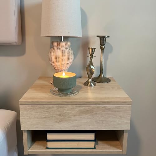 Nathan James Jackson Wall Mounted Floating Bedroom Nightstand with Storage Drawer and Modern Open Shelf Cubby, Light Oak Wood - color: Light Oak, size: 1