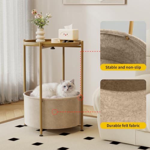 Small Round Side Table with Felt Storage Basket and Removable Tray | Accent Table, Metal End Table with Adjustable Feet, Side Table for Nursery, Bedroom, Living Room, Laundry Room, Gold - color: Gold