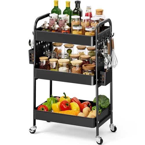 KINGRACK 3 Tier Rolling Cart with DIY Pegboard, Metal Utility Cart with Wheels, Hooks & Baskets, Sturdy Storage Organizer for Craft, Bathroom, Kitchen, Office, Nursery, Classroom - color: Black