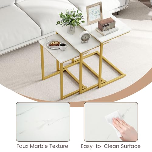 Tangkula Nesting Table Set of 3, Rectangle Stacking Side End Table with Wood Top & Metal Legs, Adjustable Foot Pads, C-shaped Accent Coffee Tables for Small Spaces, Living Room (C-shaped, White, 3-pc) - color: White