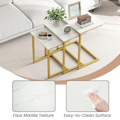 Tangkula Nesting Table Set of 3, Rectangle Stacking Side End Table with Wood Top & Metal Legs, Adjustable Foot Pads, C-shaped Accent Coffee Tables for Small Spaces, Living Room (C-shaped, White, 3-pc) - color: White