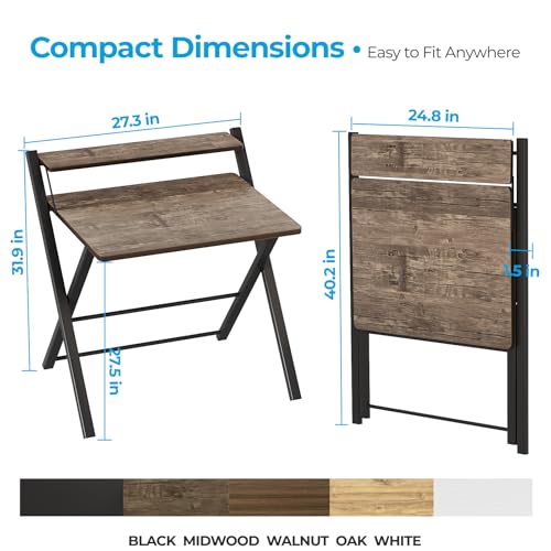 GreenForest No Assembly Folding Desk, 2-Tier Compact Computer Desk with Shelf, 30 inch Space Saving Foldable Table for Home Office, Dorm or Apartment, Portable Collapsible Sturdy Laptop Desk, Brown | Portable Foldable Table for Laptop, 2-Tier Compact with