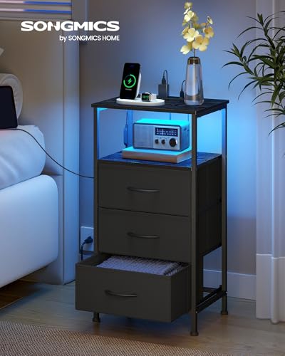 SONGMICS BELLAH Collection - Nightstand with Charging Station and App-Controlled Adjustable LED Lights, Bed Side Table, 3 Drawers and 1 Open Shelf, Modern, Ink Black and Ebony Black ULGS303BH01S - color: Ink Black + Ebony Black, size: 3 Drawers