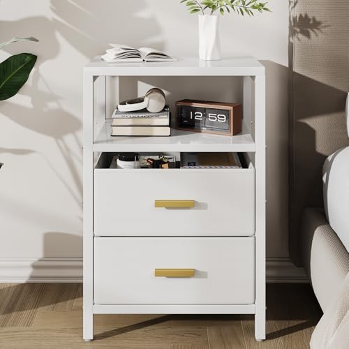 Nightstand 2 Drawers Side Table Modern Bedside End Table | White night stand with 2 fabric drawers, double layer shelf, metal frame, space saving end table for bedroom and living room - size: 2 Drawers, Single Piece