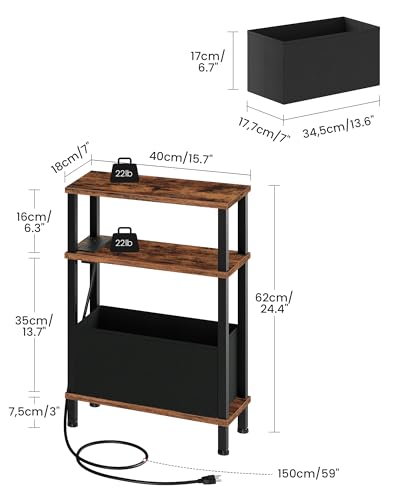 CHOEZON Narrow Side Table with Charging Station, Skinny End Table with Fabric Basket, Slim Nightstand for Small Spaces, Small Side Table, for Living Room, Bedroom, Rustic Brown and Black TBZ07UBF - color: Rustic Brown + Black