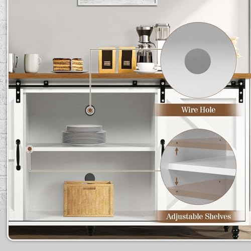 4ever2buy Farmhouse Coffee Bar Cabinet with Storage, 58'' Sideboard Buffet Cabinet with Sliding Barn Door, White Coffee Bar with Gourd Feet, Farmhouse Cabinet for Living Room