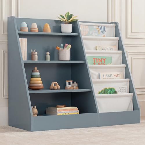 Comfy Cubs Kids Bookshelf 35.2 x 15.7 x 31.5 Inches - Sturdy MDF Montessori Book Shelf with Soft & Hard Shelves for Toys & Books - Child-Friendly, Easy Access Storage Organizer for Kids - Blue - color: Blue