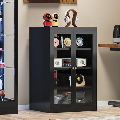 Metal Media Cabinet, 4-Tier Stereo Cabinet with Glass Doors & Adjustable Shelves, Audio AV Rack with Cable Management, Black - color: Black, style: FloorSeal