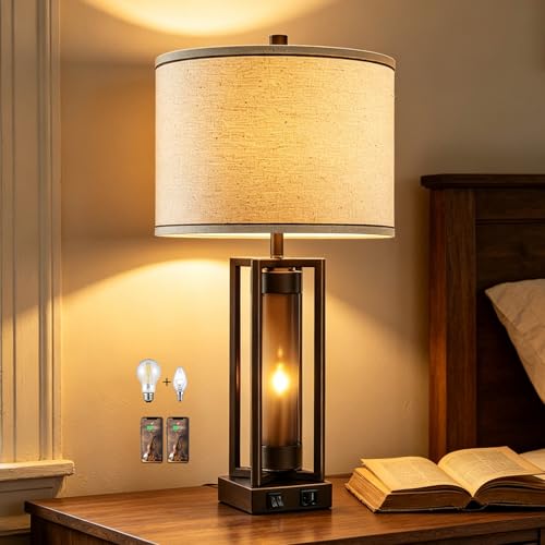 Rustic Farmhouse Table Lamps for Living Room with USB C+A Ports | Vintage Nightstand Lamp with Amber Acrylic Night Light, Retro Desk Lamp for Bedroom Entryway Dorm, 2 Bulbs Included (Brown) - color: 1 Pack Brown