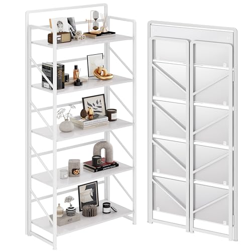 JSB No Assembly Folding Bookshelf, 5 Tier Industrial Metal Book Shelf for Storage, Vintage Wood Foldable Bookcase for Living Room, Bedroom, Office Organization Shelves - color: All White, size: 5-Tier