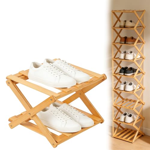 Foldable Shoe Rack, Tier No-Assembly Bamboo Rack, 2026 New Portable Bamboo Corner Shoe Rack, Multifunctional Narrow Shoe Shelf for Entryway, Closet, Corner, Bedroom (2 Layers)