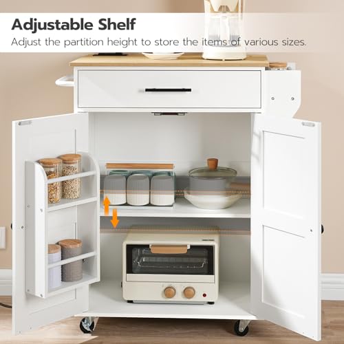 HOOBRO Kitchen Island with Power Outlet, Rolling Kitchen Island with Large Worktop, Kitchen Island Cart with Spice Rack and Drawer, Island Table for Dining Room, White and Natural WN88UZD01 - color: Natural + White