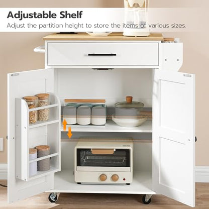 HOOBRO Kitchen Island with Power Outlet, Rolling Kitchen Island with Large Worktop, Kitchen Island Cart with Spice Rack and Drawer, Island Table for Dining Room, White and Natural WN88UZD01 - color: Natural + White