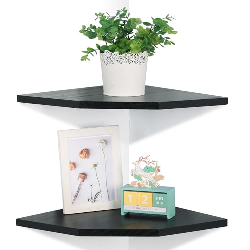 Corner Wall Shelves Set of 2, Rustic Wood Corner Floating Shelves with Cable Raceway, Wall Mount Storage Display for TV Accessories, Baby Monitor, Speaker, Cable Box (Black, Diamond- 10 Inch) - color: Black, size: Diamond- 10 Inch
