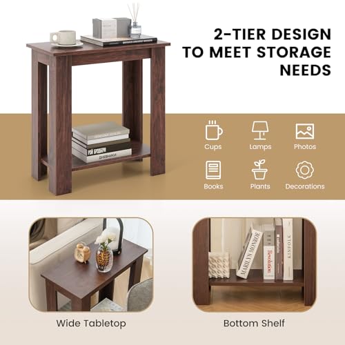 Giantex Narrow End Table Set of 2, 2-Tier Side Table with Open Storage Shelf, Retro Wood Sofa Table Bedside Tables for Small Spaces, Slim Nightstand for Living Room, Bedroom, Easy Assembly, Walnut - color: Walnut