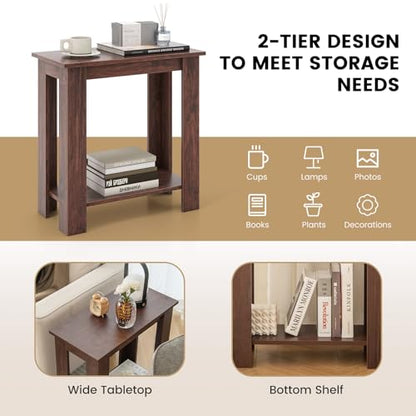 Giantex Narrow End Table Set of 2, 2-Tier Side Table with Open Storage Shelf, Retro Wood Sofa Table Bedside Tables for Small Spaces, Slim Nightstand for Living Room, Bedroom, Easy Assembly, Walnut - color: Walnut