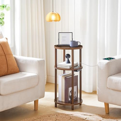 HOOBRO Set of 2 Small Round Side Tables with Charging Station, 3-Tier Round Bamboo End Tables, Compact Sofa Bedside Tables, Easy Assembly, for Living Room, Bedroom, Apartment, Mocha MA152UBZP201 - color: Mocha