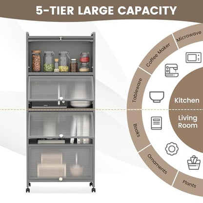 5-Tier Kitchen Storage Cabinet, Mobile Microwave Stand with Metal Frame, 4 Lockable Casters & Flip-up PC Doors, Freestanding Bakers Rack for Kitchen, Dining Room, Living Room (Grey) - color: Grey